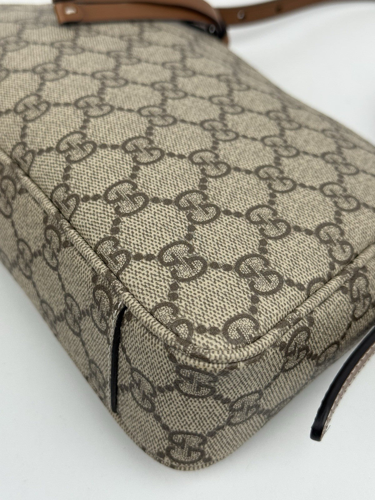 Gucci GG Supreme Monogram Textured Calfskin Emblem Shoulder Bag Beige Dark Brown
