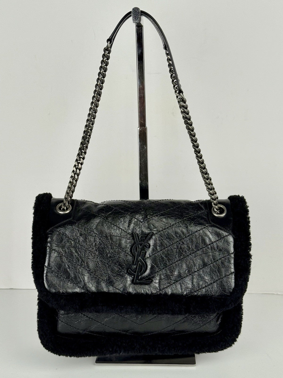SAINT LAURENT Niki Shearling Black Shoulder Bag
