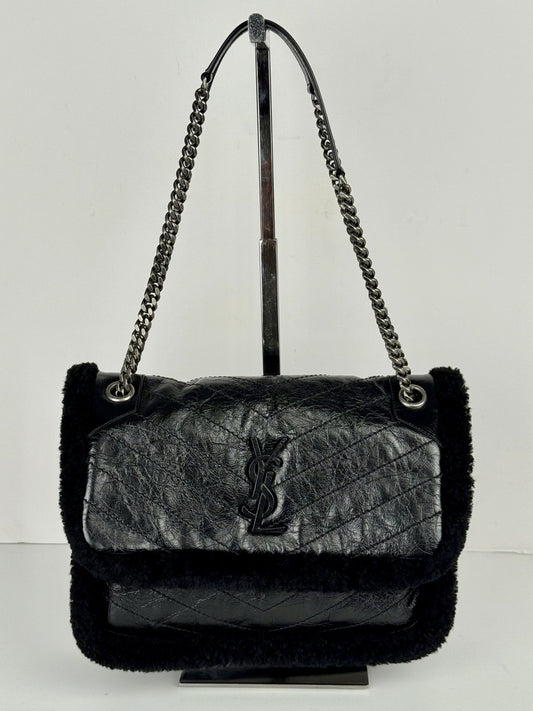 SAINT LAURENT Niki Shearling Black Shoulder Bag