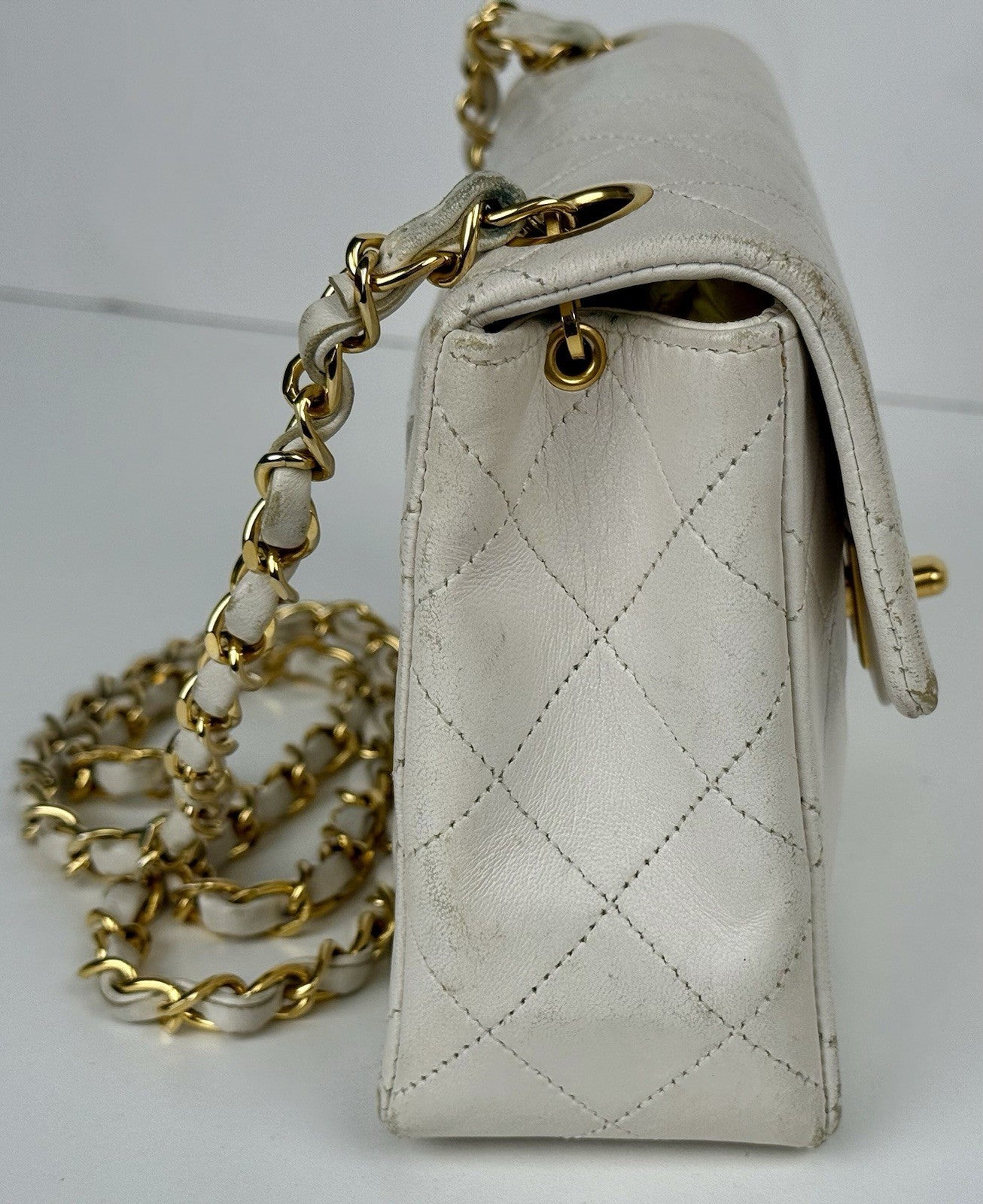 Chanel Mini Square Flap Bag White Lambskin Gold Hardware Vintage Bag