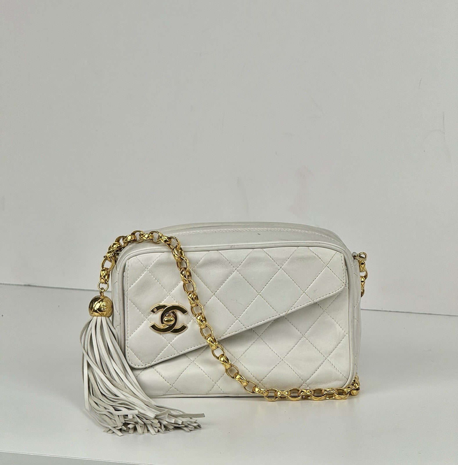 Chanel Lambskin Quilted Tassel Camera Case White Bag