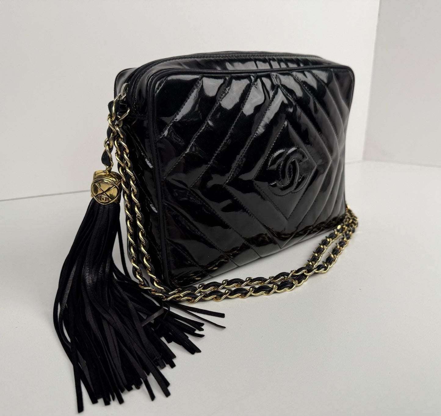 Chanel Vintage Camera Tassel Bag Quilted Patent Leather Medium