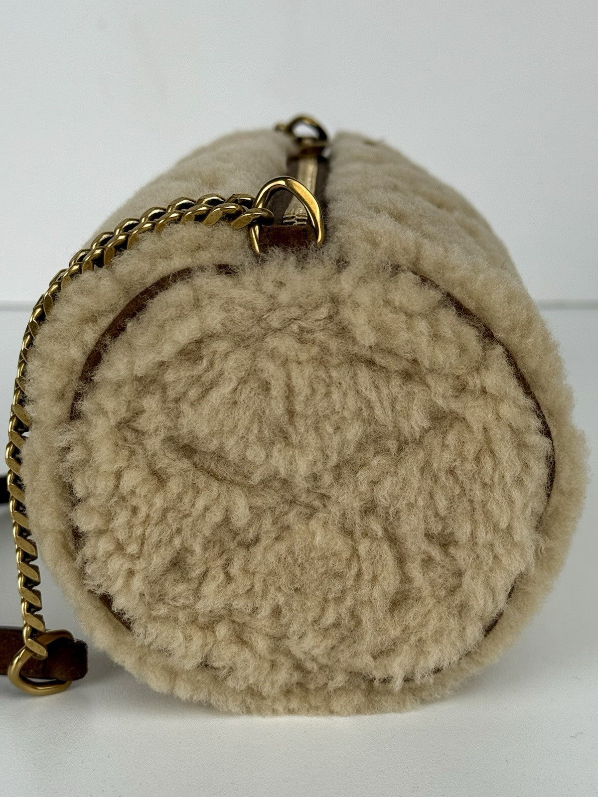 Yves Saint Laurent Small Sade Beige Quilted Genuine Shearling Tube Bag