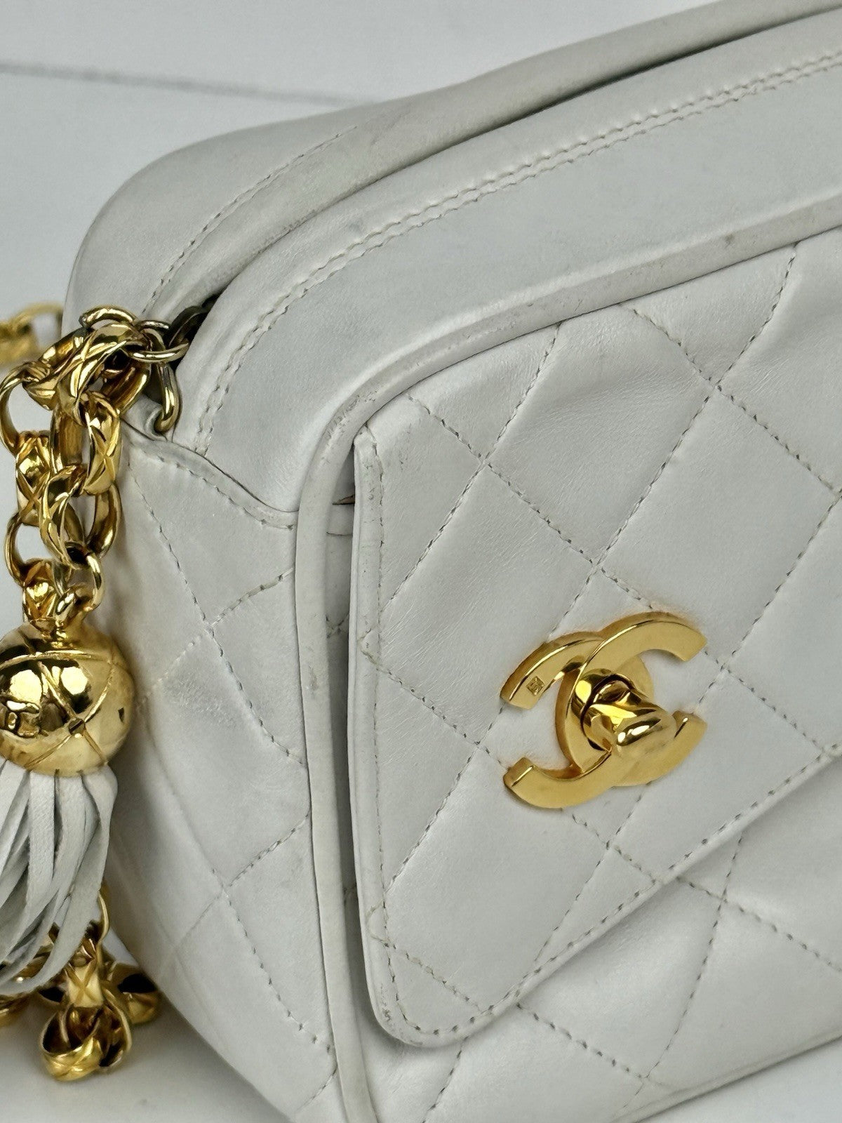 Chanel Lambskin Quilted Tassel Camera Case White Bag