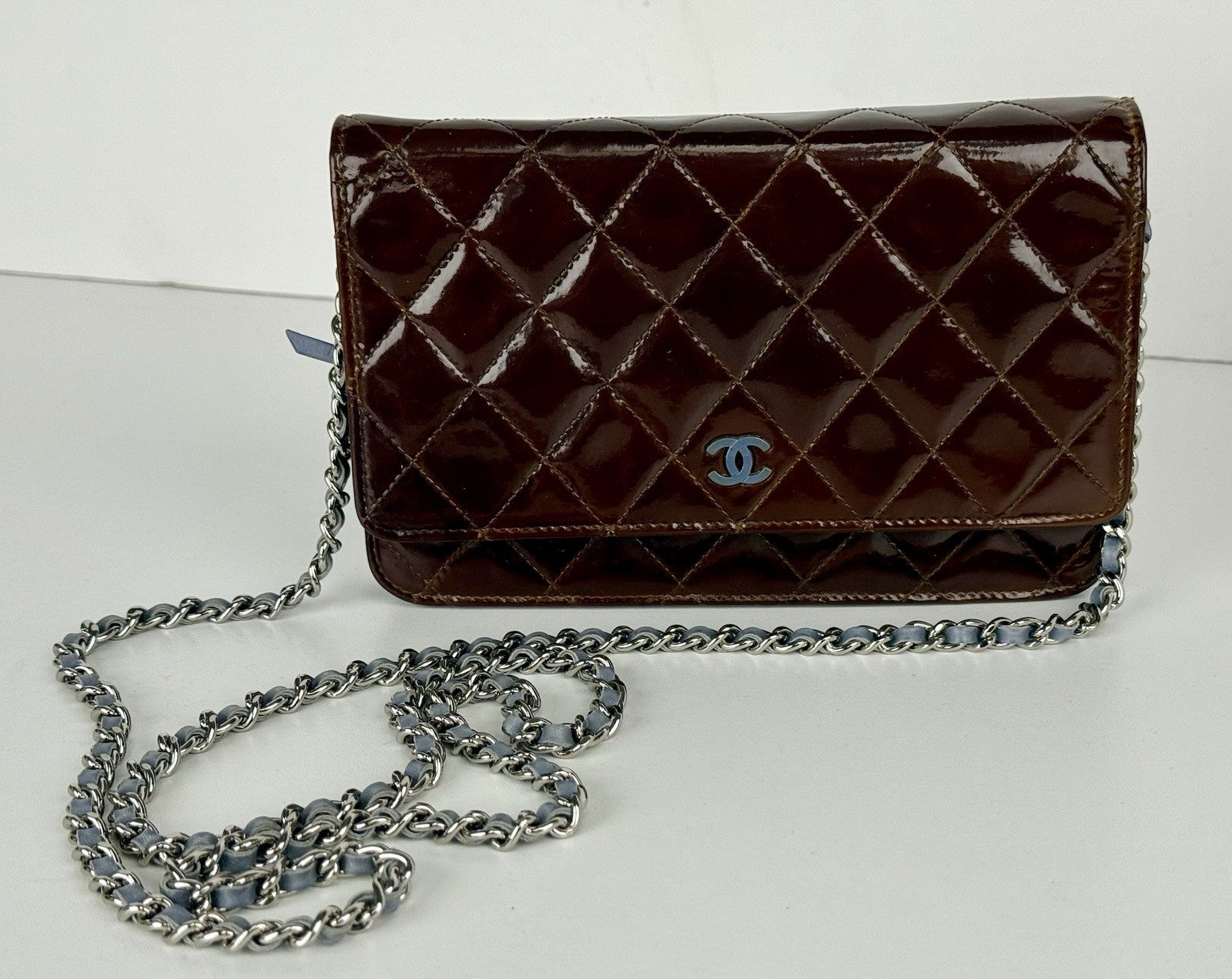 Chanel Patent Quilted Wallet On Chain WOC Burgundy