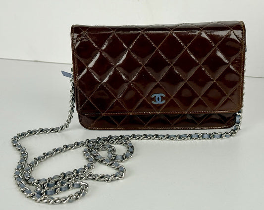 Chanel Patent Quilted Wallet On Chain WOC Burgundy