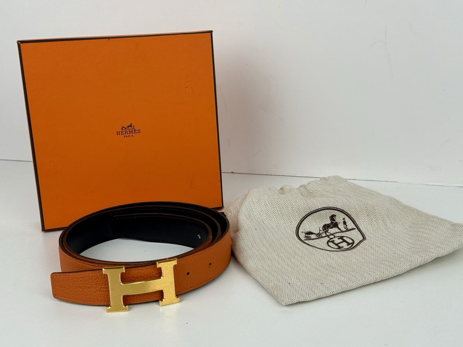 Hermes Reversable Leather Belt With Gold Buckle