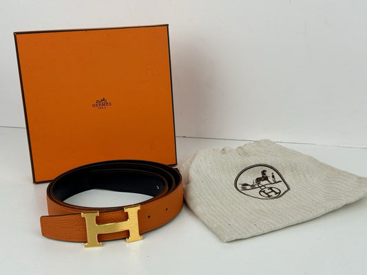 Hermes Reversable Leather Belt With Gold Buckle
