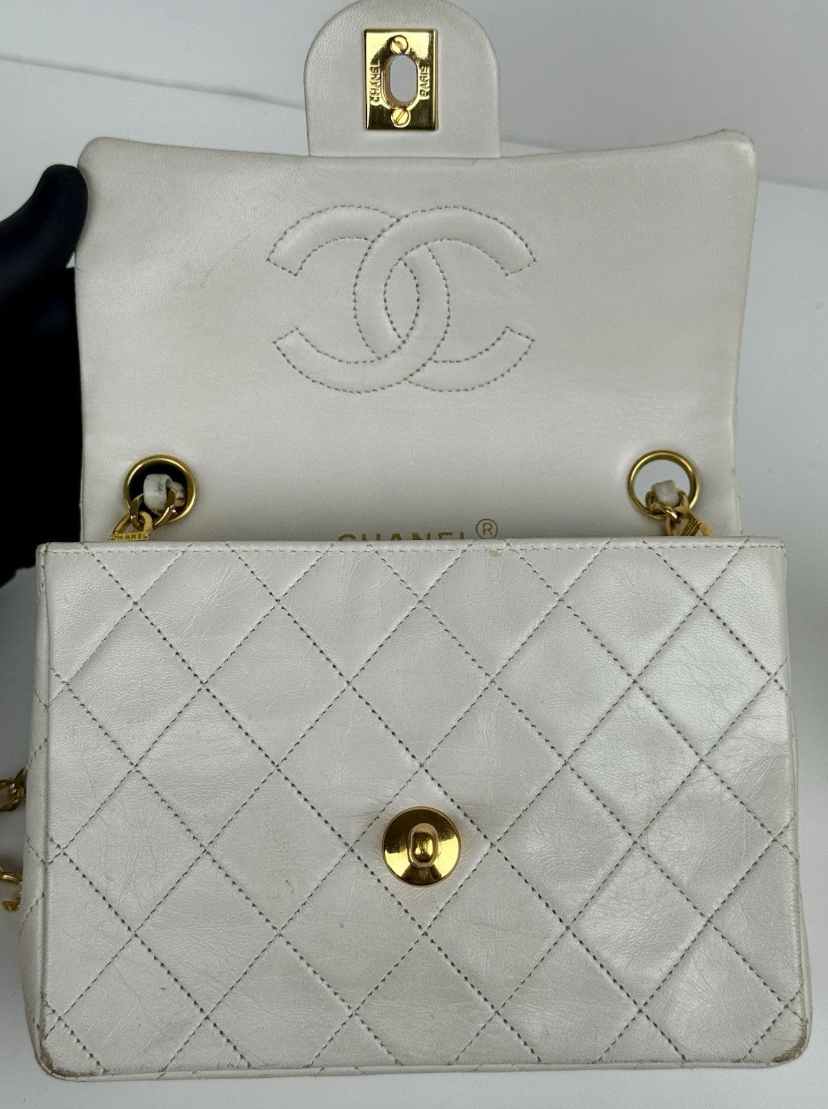 Chanel Mini Square Flap Bag White Lambskin Gold Hardware Vintage Bag