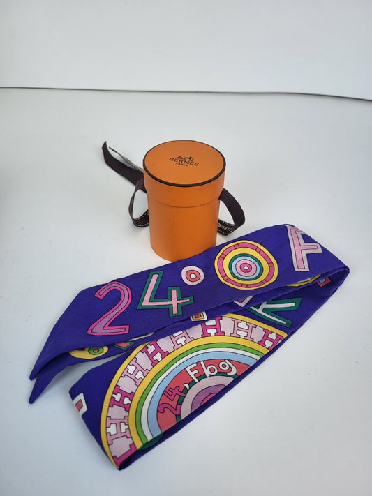 HERMES Twilly Scarf "Belles du Mexique" Silk Blue W/ Box