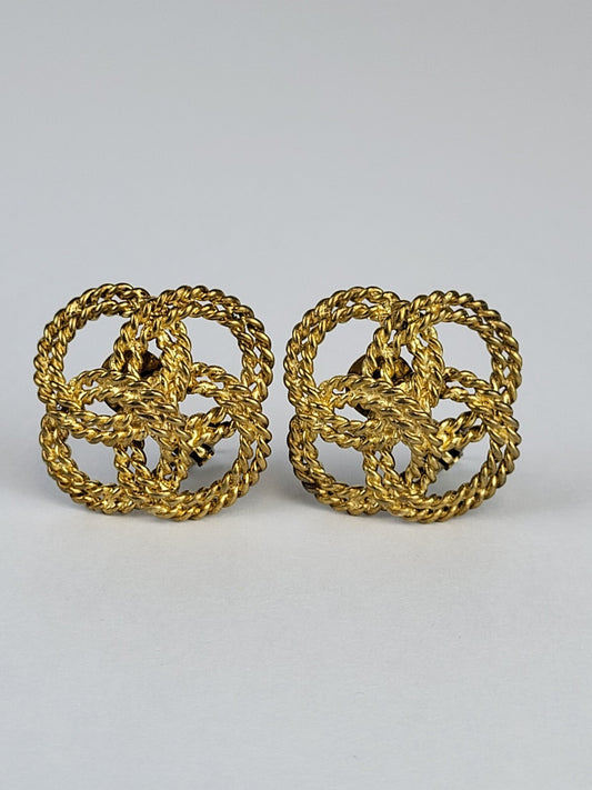 Chanel Vintage Earrings 70s Quatrefoil Round Rope Link Clip On Yellow Gold Tone