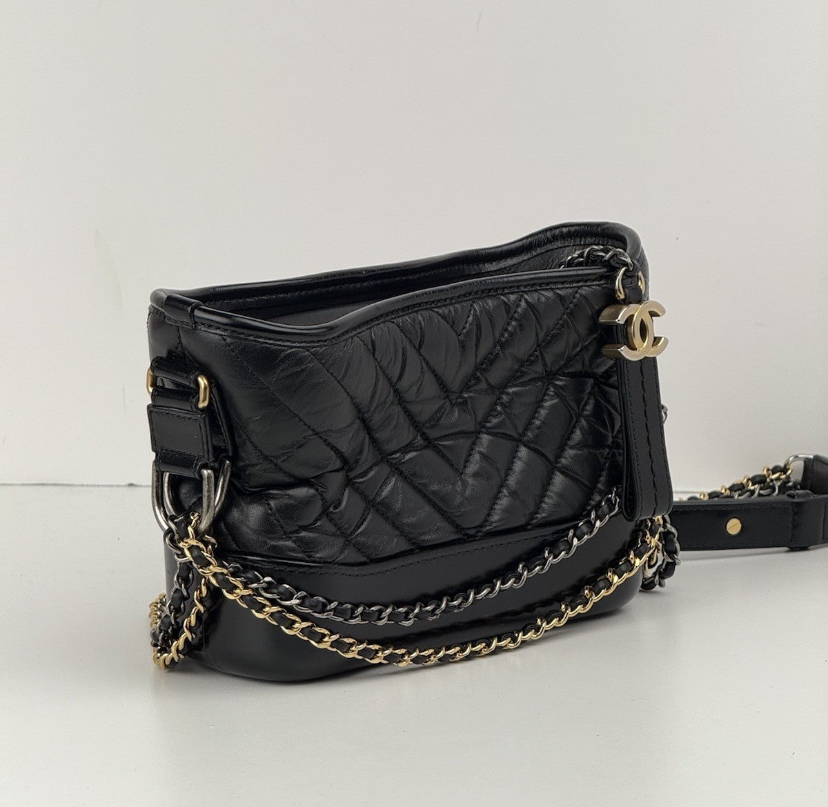 Chanel Gabrielle Aged Calfskin Quilted Small Hobo Black Shoulder Bag