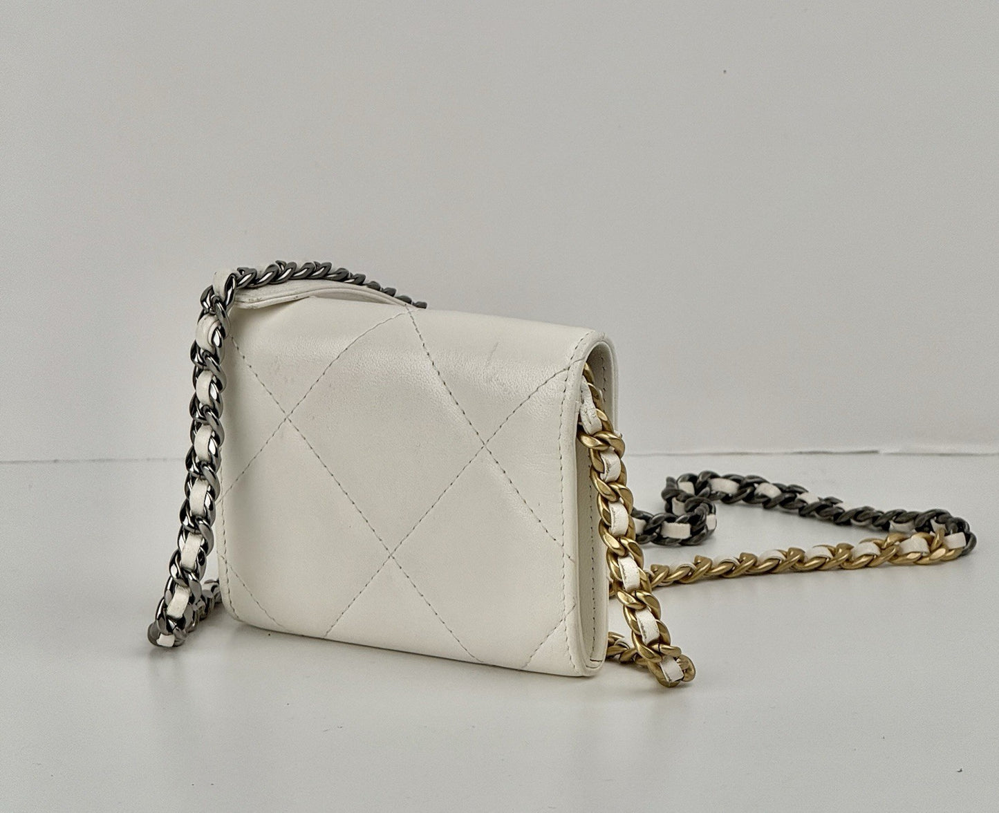 Chanel Lambskin Quilted Chanel 19 Flap Coin Purse With Chain White