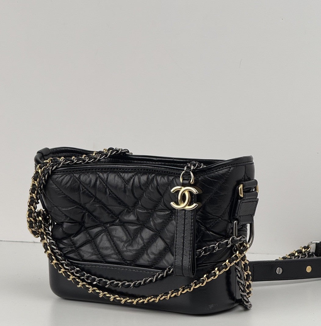 Chanel Gabrielle Aged Calfskin Quilted Small Hobo Black Shoulder Bag