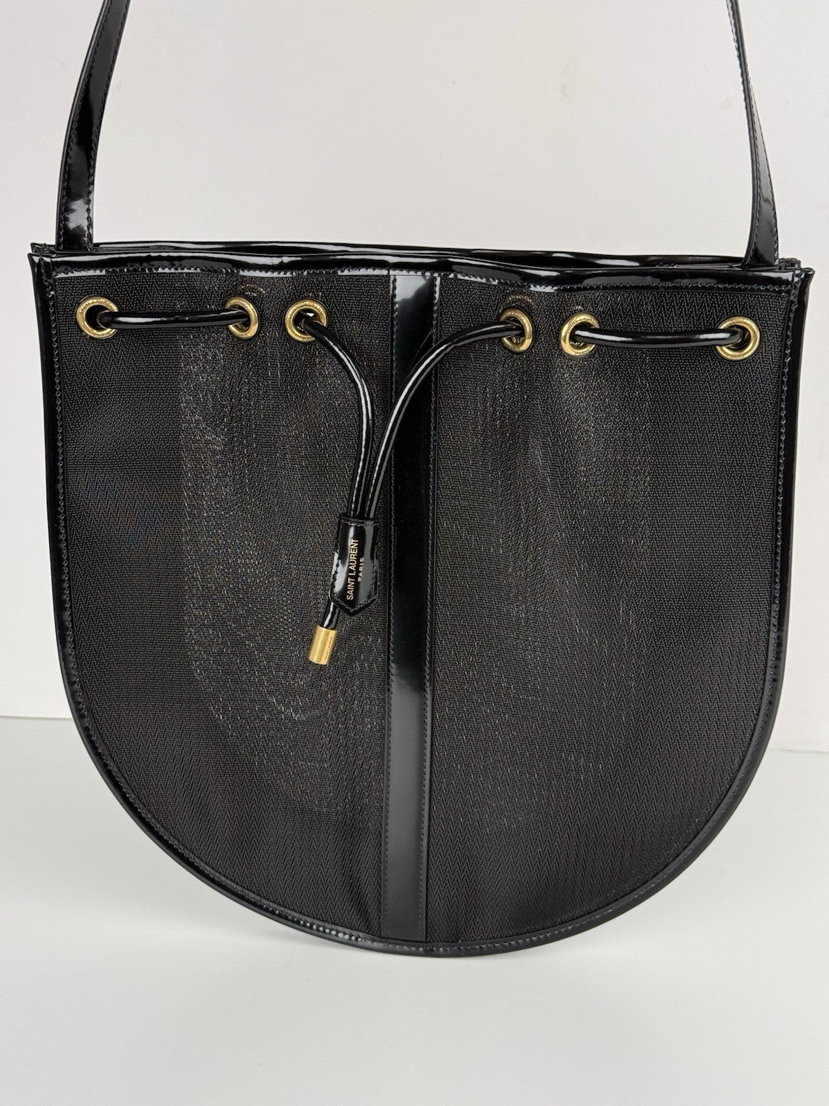 Saint Laurent Mesh Shoulder Bag Patent Black Leather