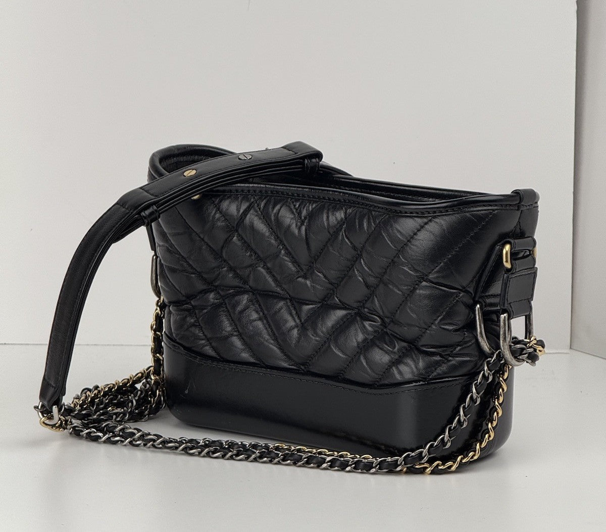 Chanel Gabrielle Aged Calfskin Quilted Small Hobo Black Shoulder Bag