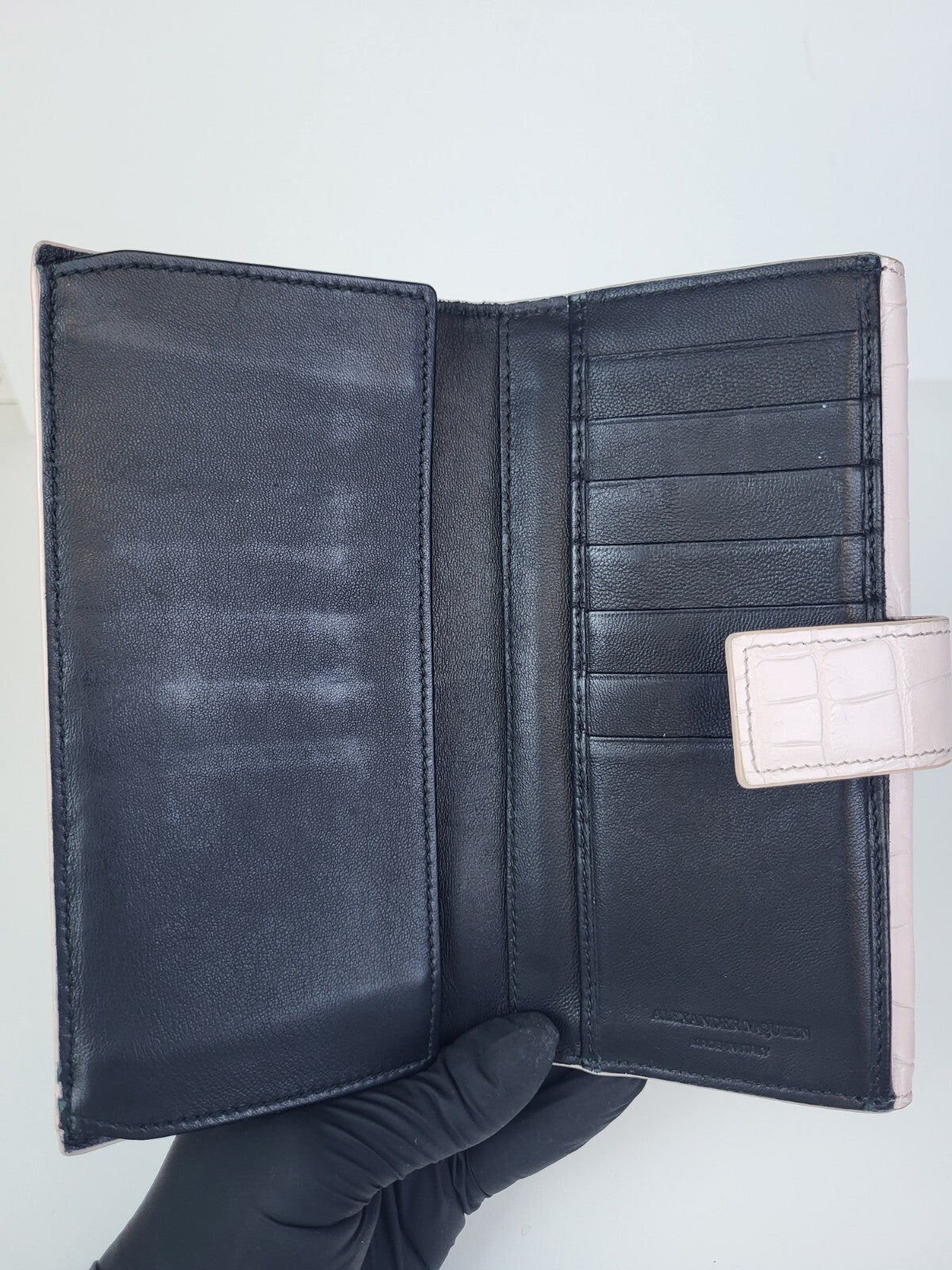 Alexander McQueen Rhinestone Skull Croco embossed Long Wallet Leather pink