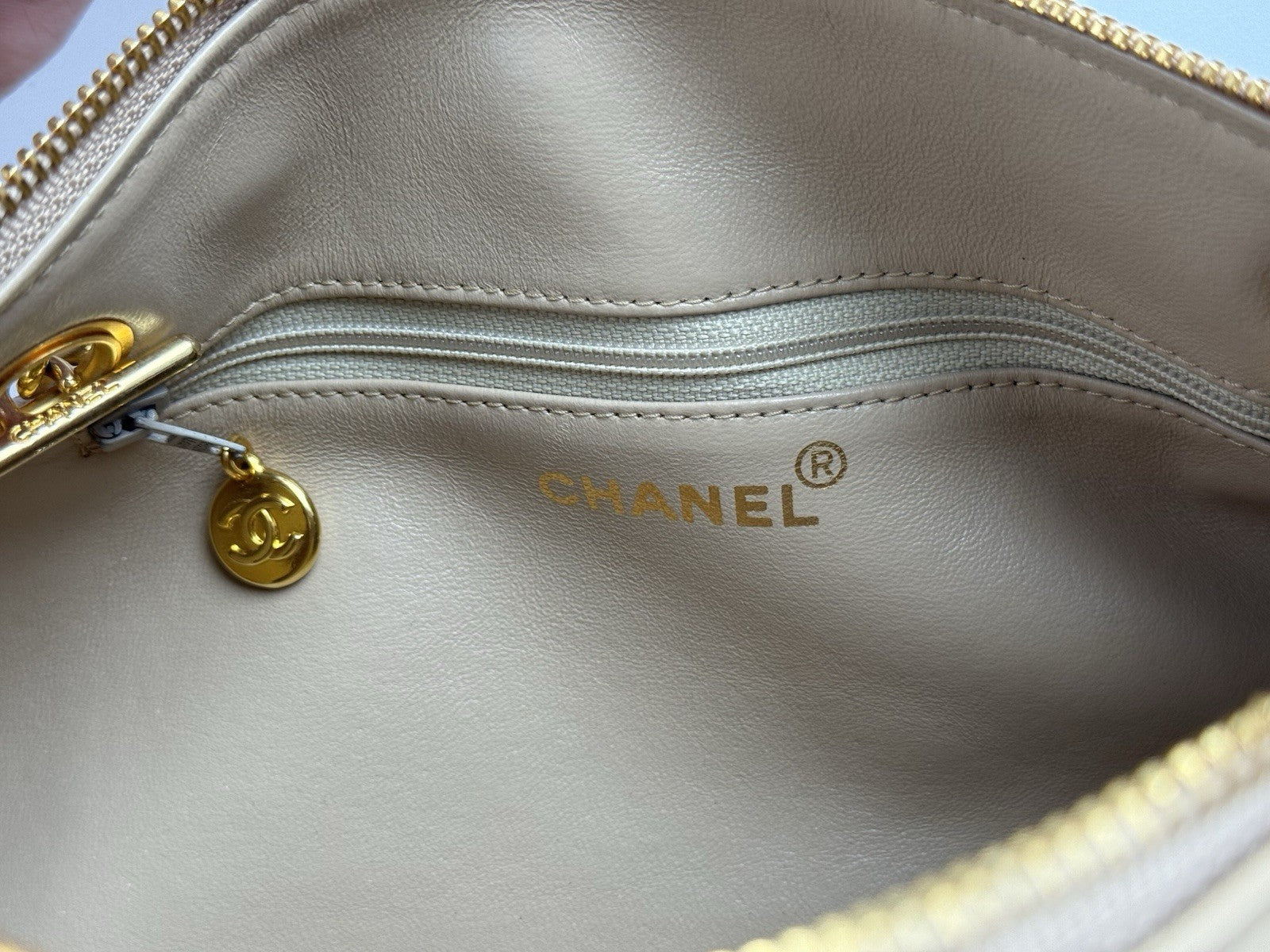 Chanel Tube Bag Quilted Round Beige Leather Shoulder Purse Gold Tone