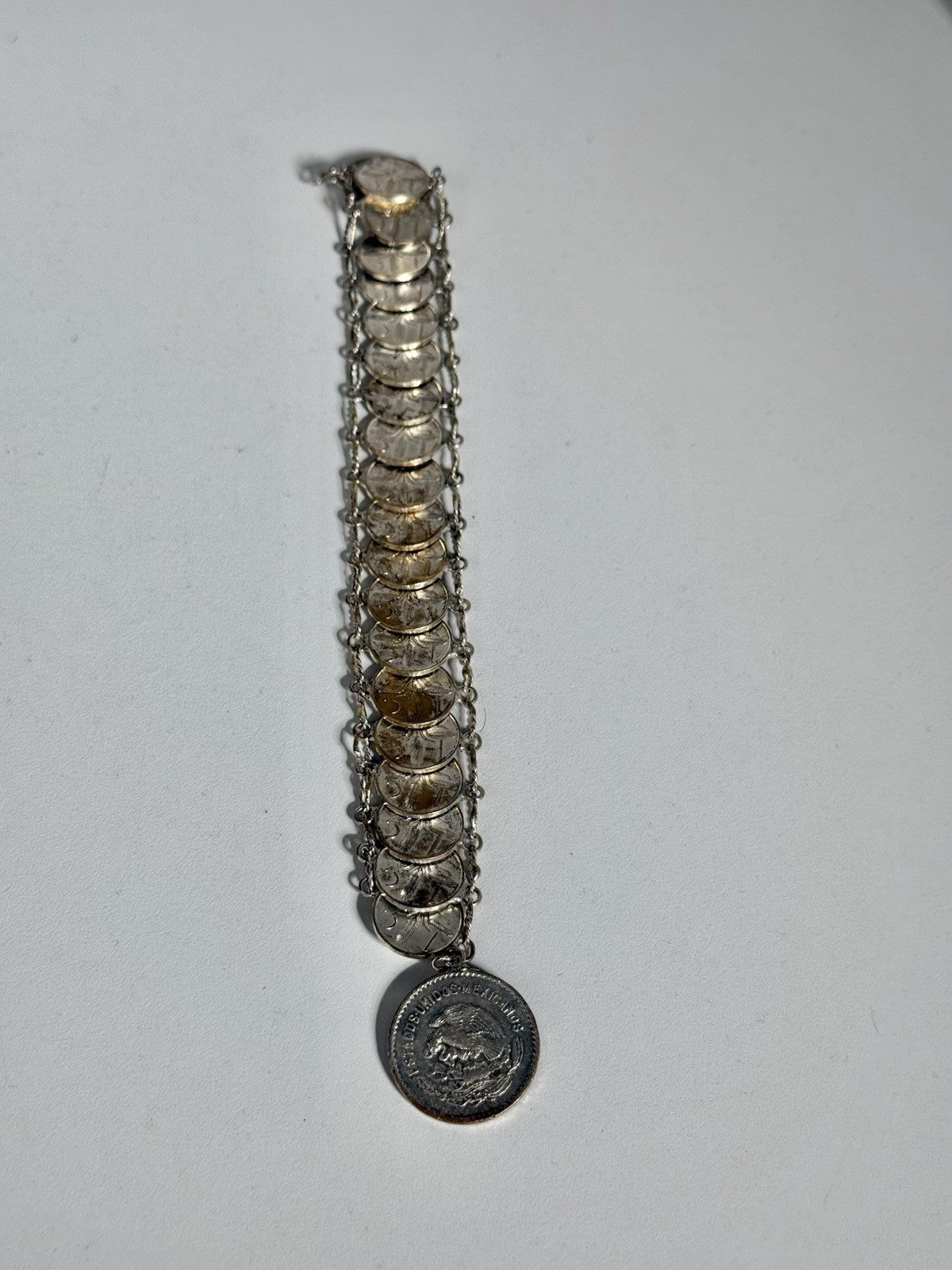 Vintage Estate Silver Tone MEXICAN COIN BRACELET 1960 CENTAVO COINS