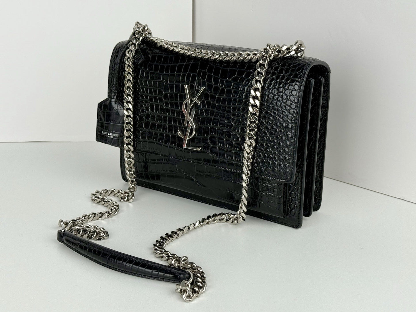 Saint Laurent Sunset Black Shiny Crocodile Embossed Leather Shoulder Bag