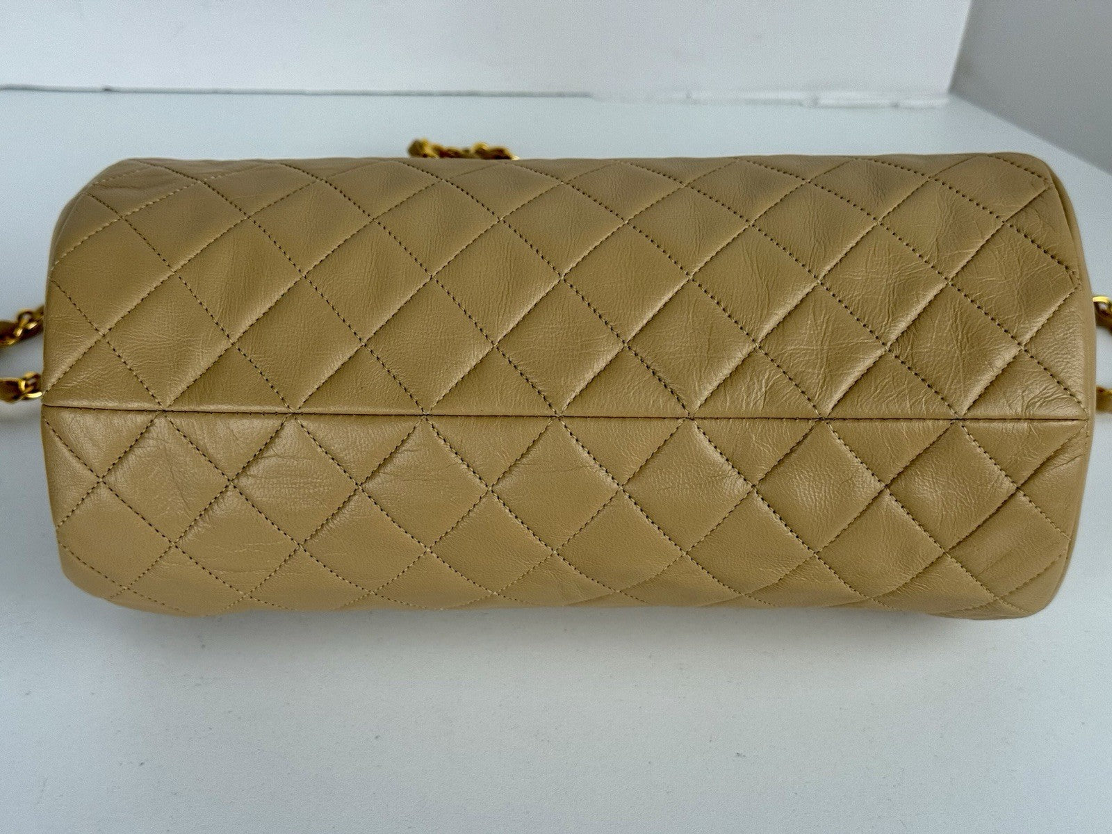 Chanel Tube Bag Quilted Round Beige Leather Shoulder Purse Gold Tone