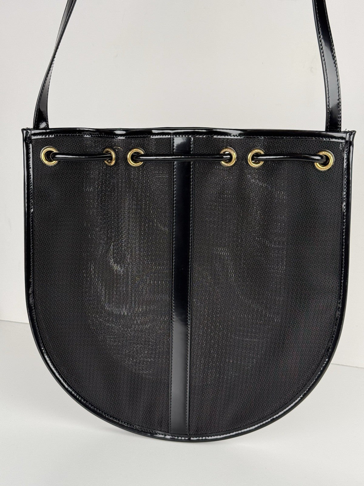 Saint Laurent Mesh Shoulder Bag Patent Black Leather