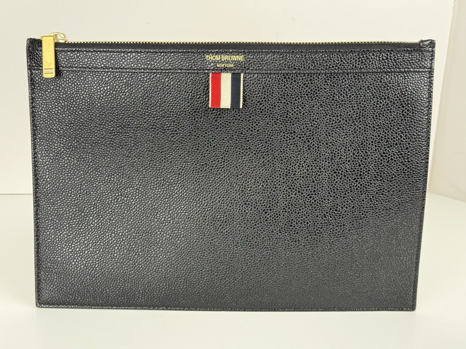 Thom Browne Logo Printed Zipped Clutch Black Caviar Leather Bag