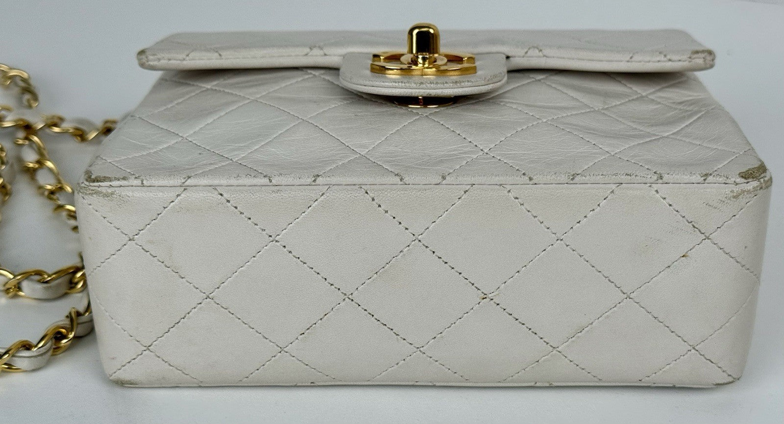 Chanel Mini Square Flap Bag White Lambskin Gold Hardware Vintage Bag