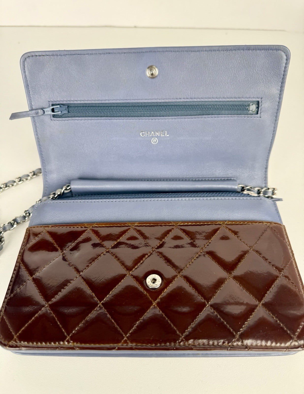 Chanel Patent Quilted Wallet On Chain WOC Burgundy