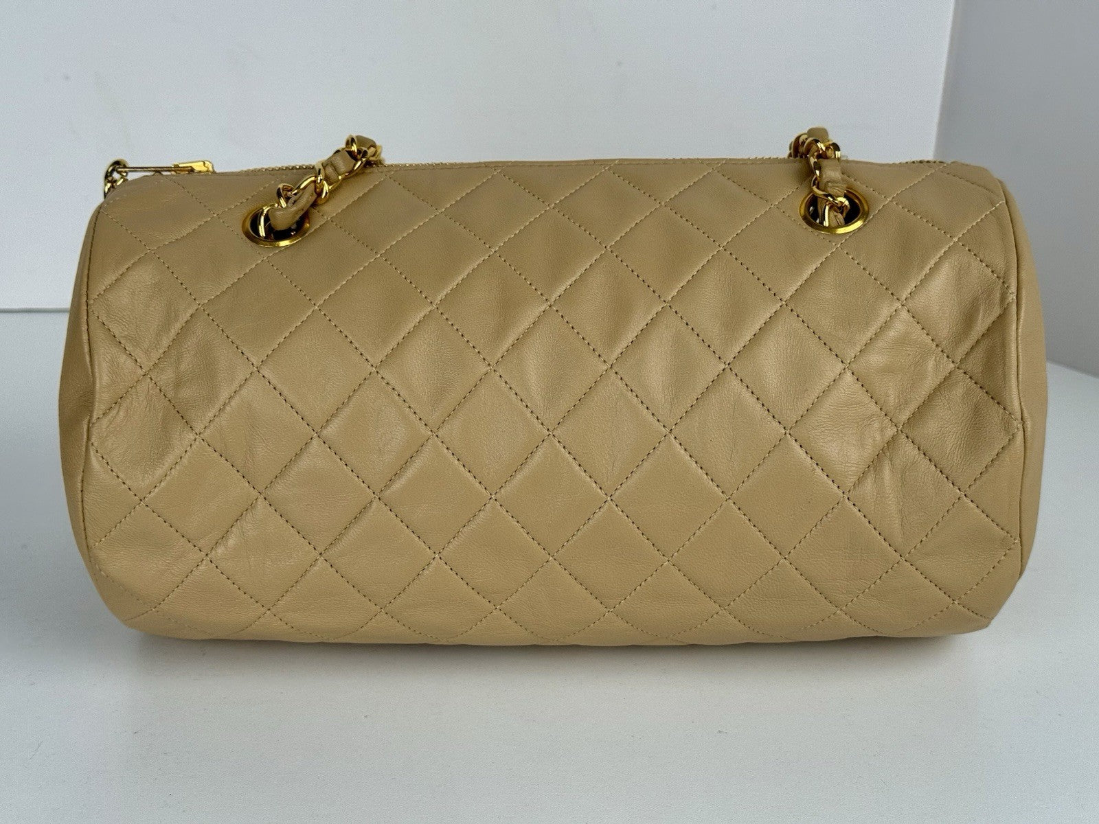 Chanel Tube Bag Quilted Round Beige Leather Shoulder Purse Gold Tone