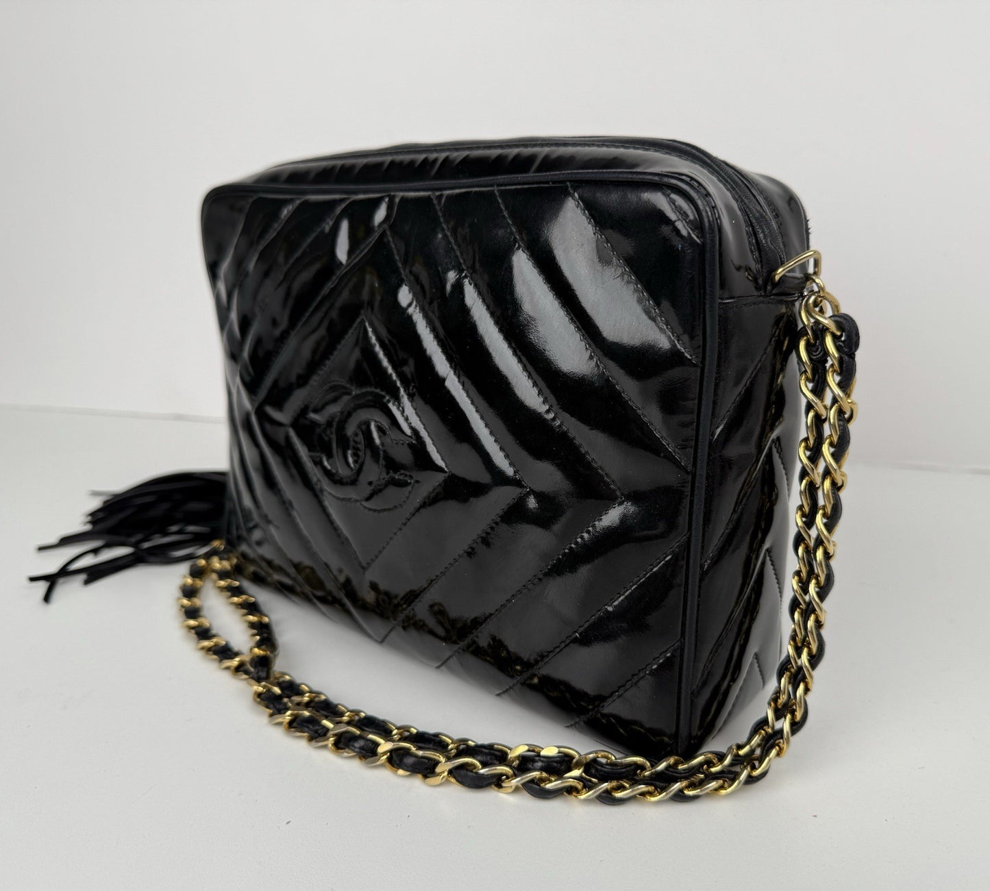Chanel Vintage Camera Tassel Bag Quilted Patent Leather Medium