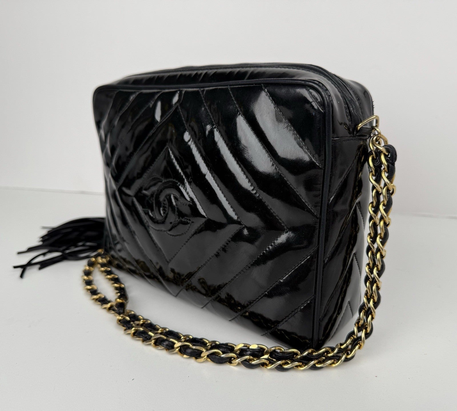 Chanel Vintage Camera Tassel Bag Quilted Patent Leather Medium