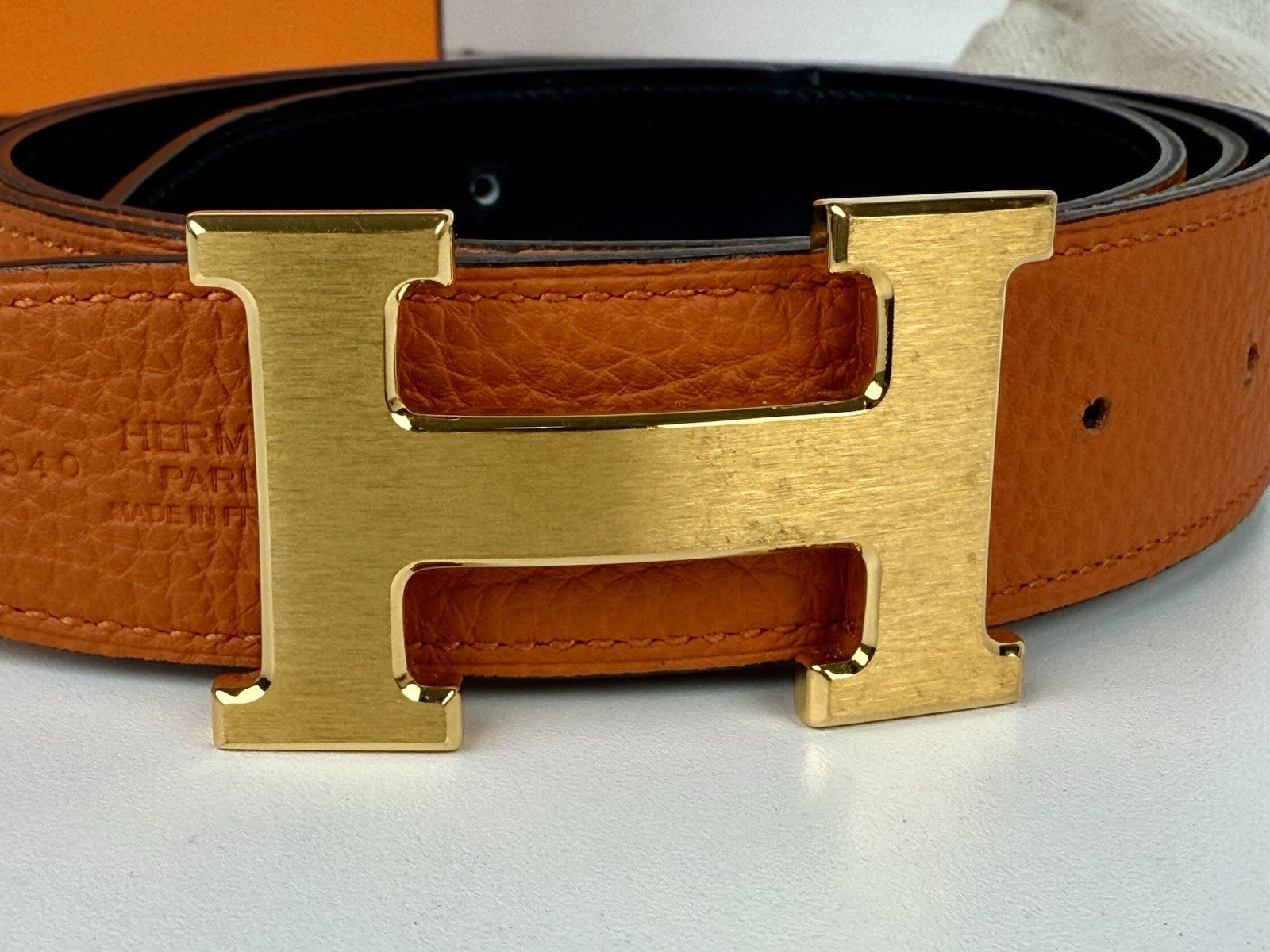 Hermes Reversable Leather Belt With Gold Buckle