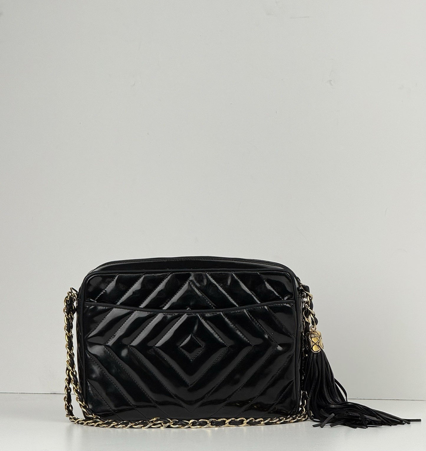 Chanel Vintage Camera Tassel Bag Quilted Patent Leather Medium