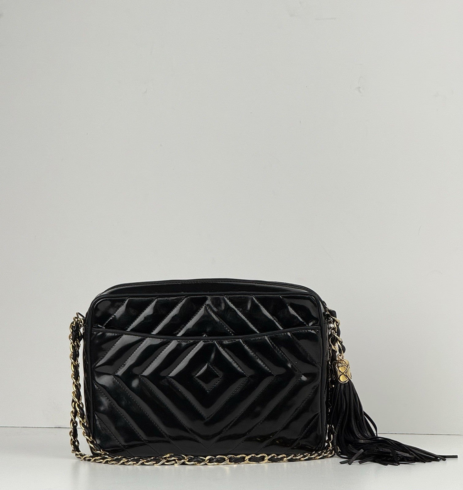 Chanel Vintage Camera Tassel Bag Quilted Patent Leather Medium