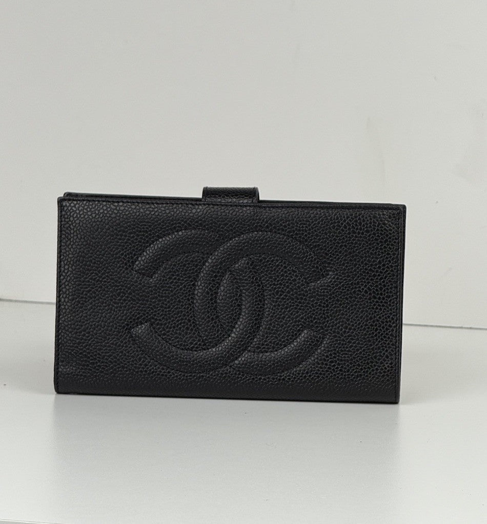 CHANEL Vintage CC Timeless French Long Wallet Purse Caviar Black