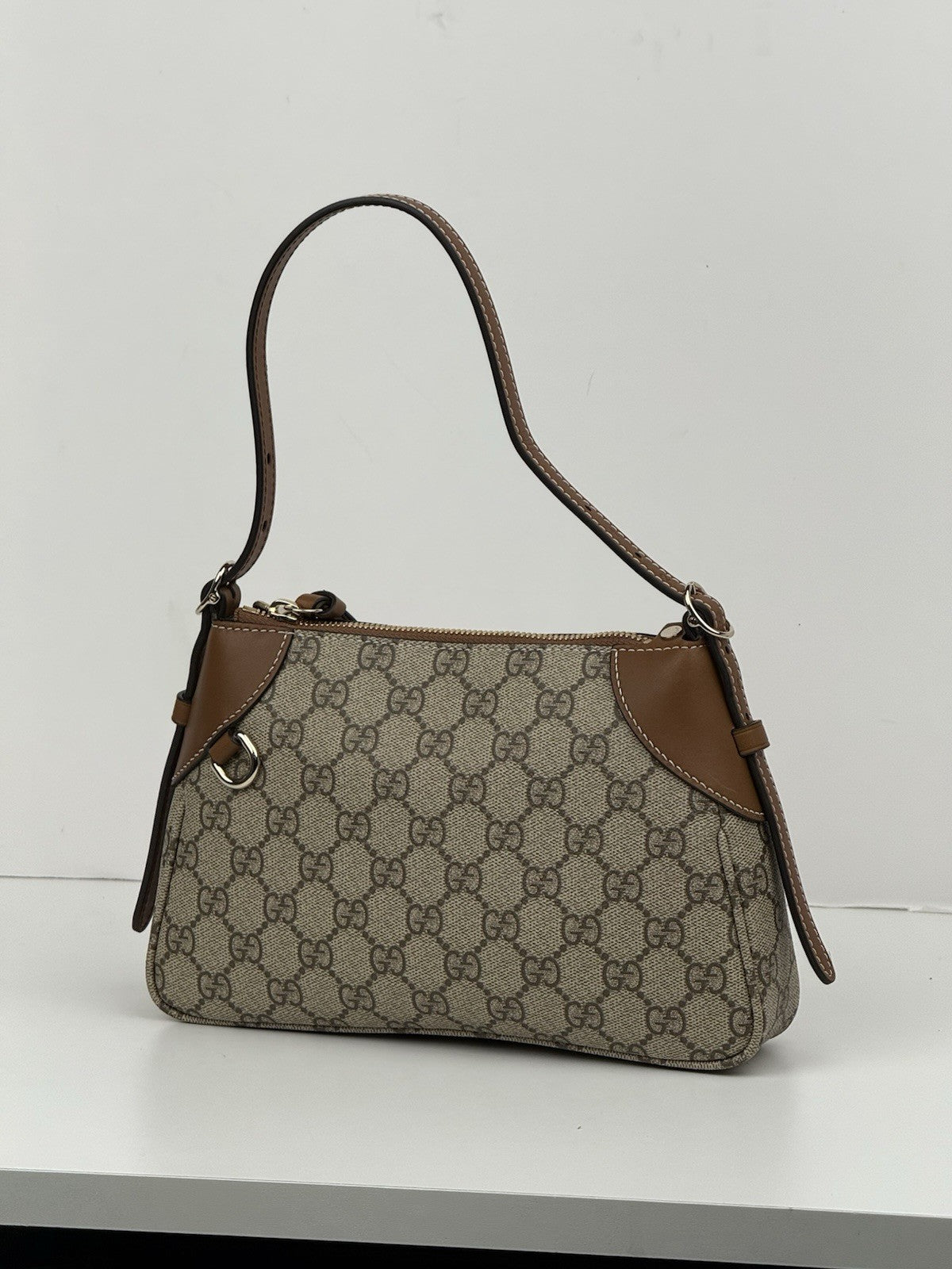 Gucci GG Supreme Monogram Textured Calfskin Emblem Shoulder Bag Beige Dark Brown