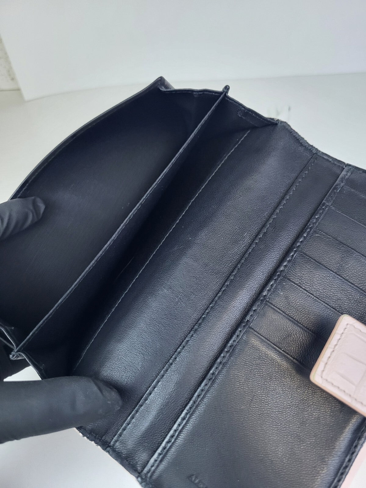 Alexander McQueen Rhinestone Skull Croco embossed Long Wallet Leather pink