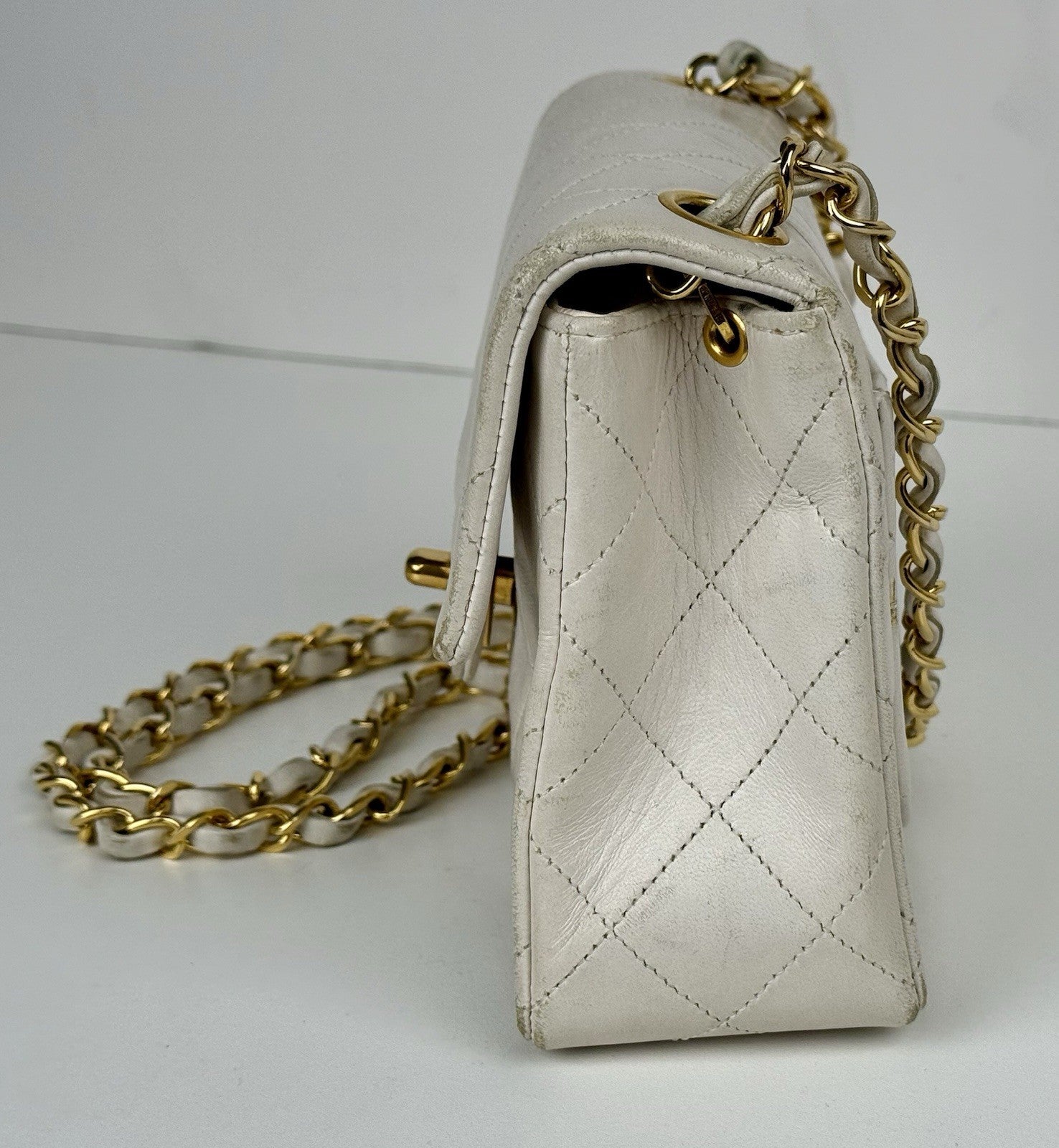 Chanel Mini Square Flap Bag White Lambskin Gold Hardware Vintage Bag