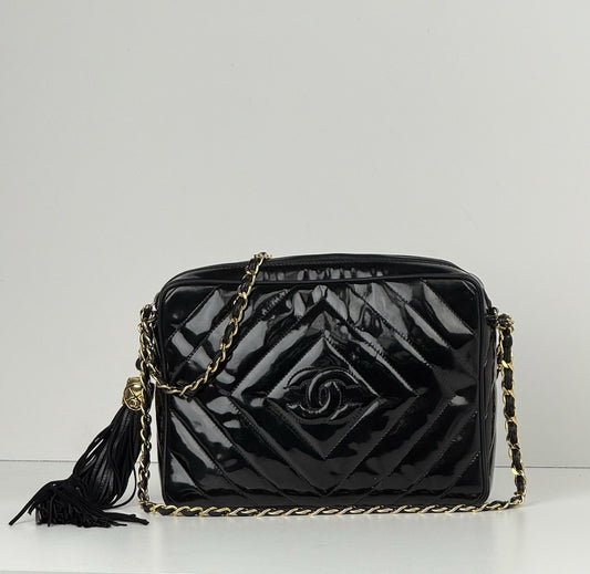 Chanel Vintage Camera Tassel Bag Quilted Patent Leather Medium