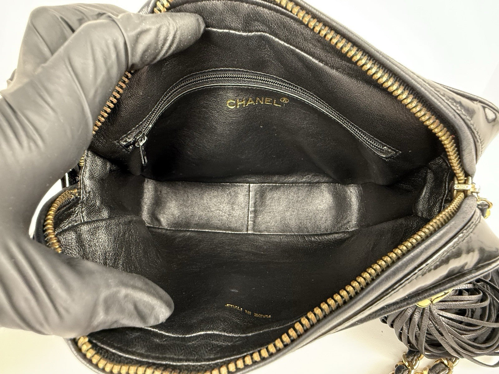 Chanel Vintage Camera Tassel Bag Quilted Patent Leather Medium