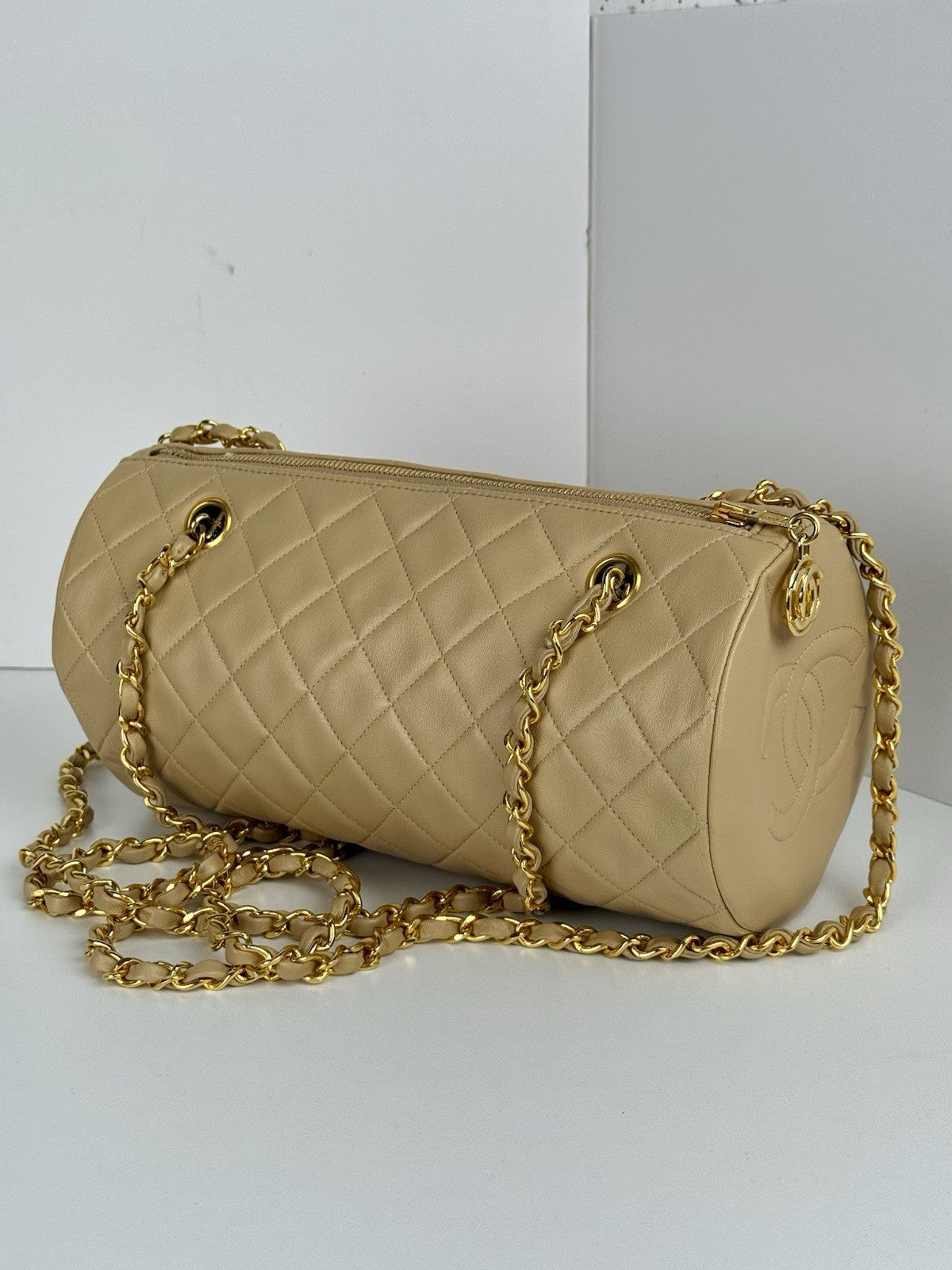 Chanel Tube Bag Quilted Round Beige Leather Shoulder Purse Gold Tone