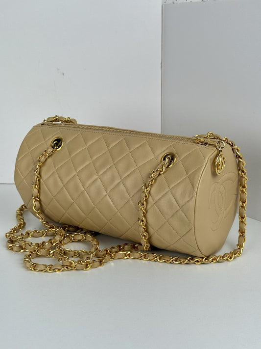 Chanel Tube Bag Quilted Round Beige Leather Shoulder Purse Gold Tone