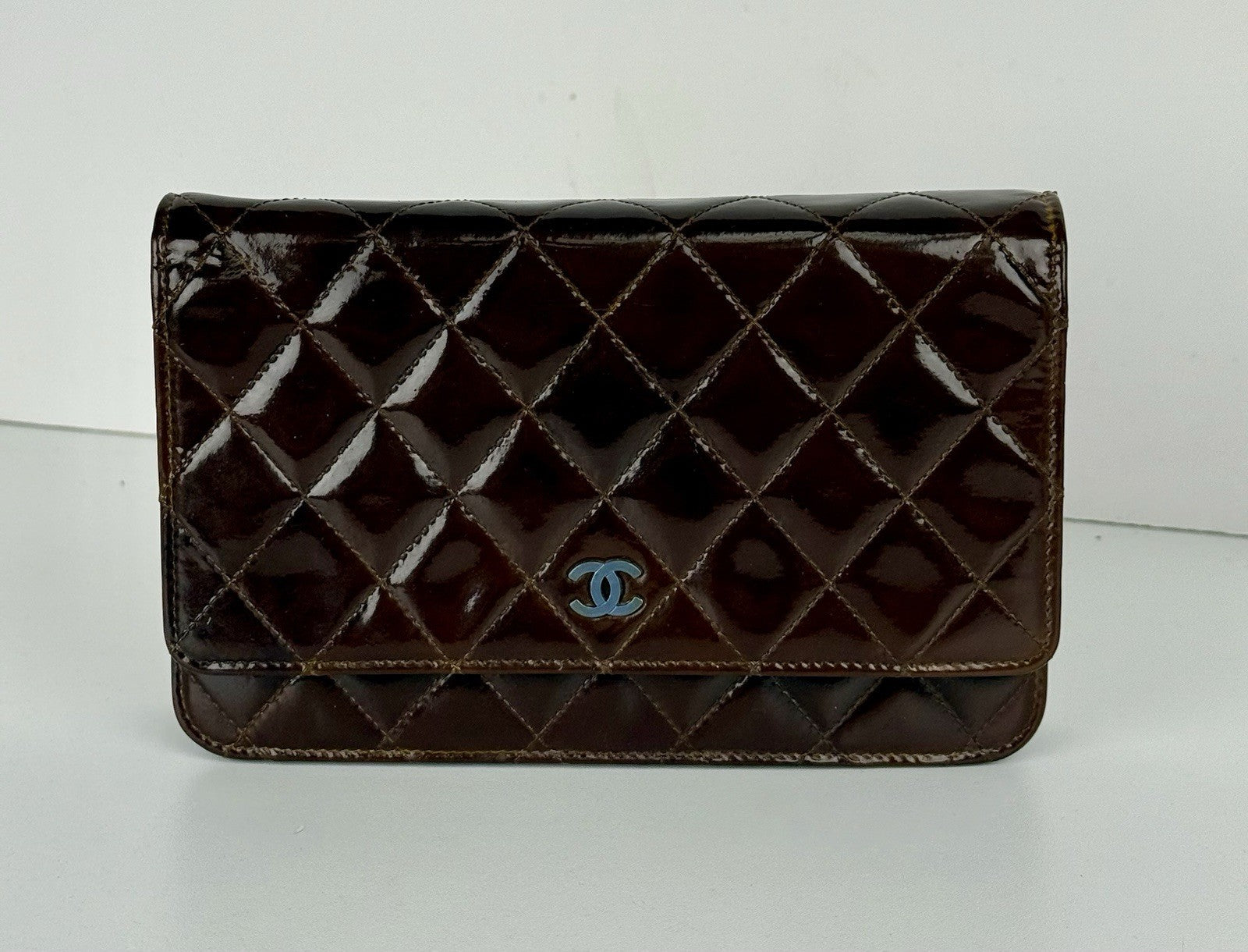 Chanel Patent Quilted Wallet On Chain WOC Burgundy
