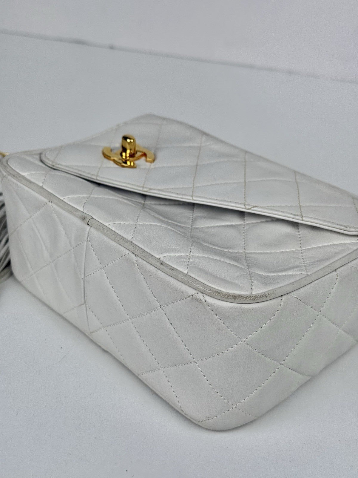 Chanel Lambskin Quilted Tassel Camera Case White Bag