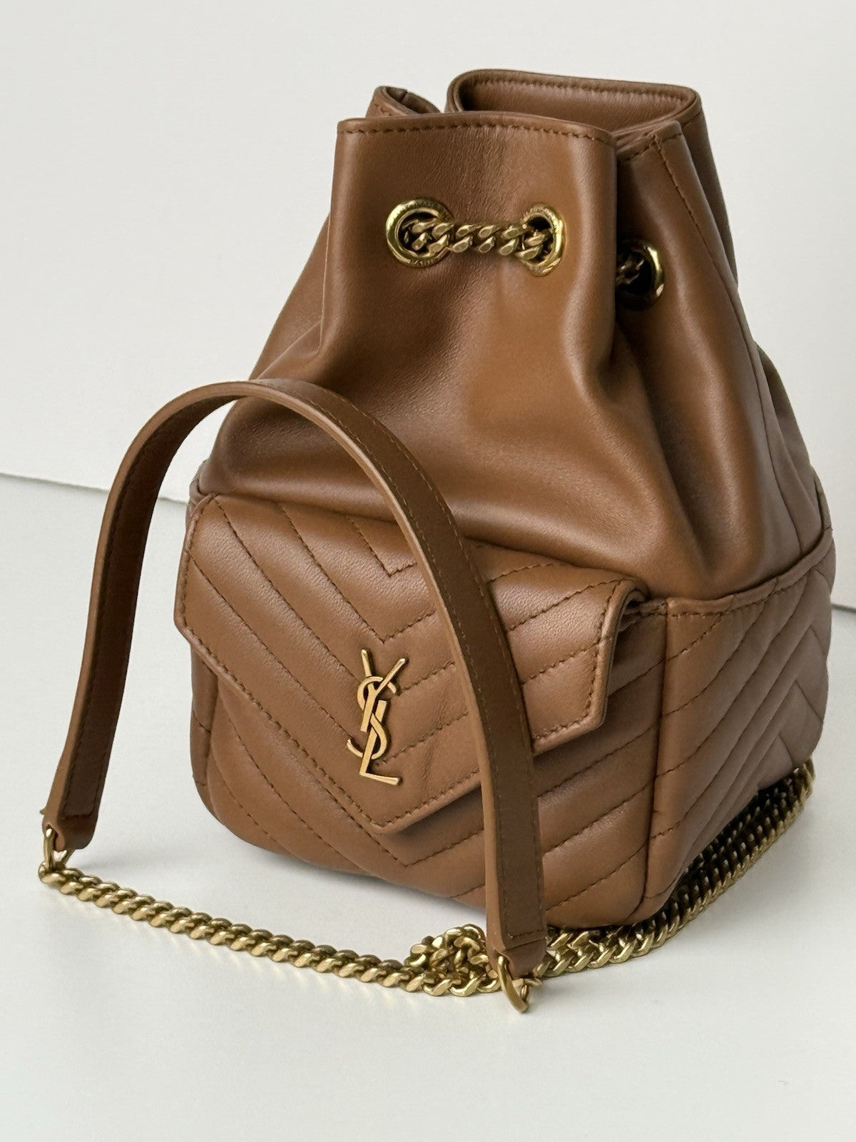 Saint Laurent Joe Nano Quilted Bucket Bag Brown