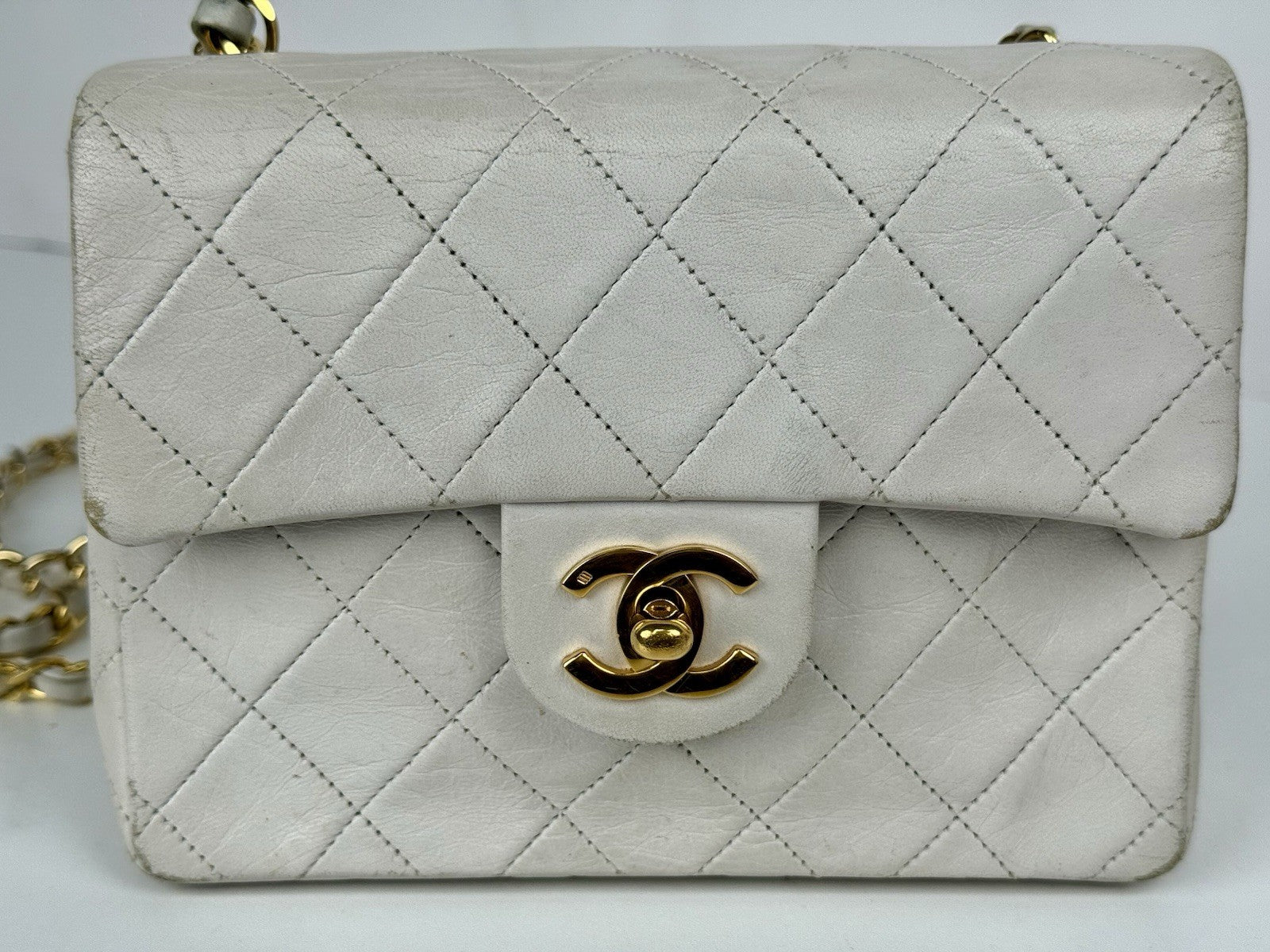 Chanel Mini Square Flap Bag White Lambskin Gold Hardware Vintage Bag
