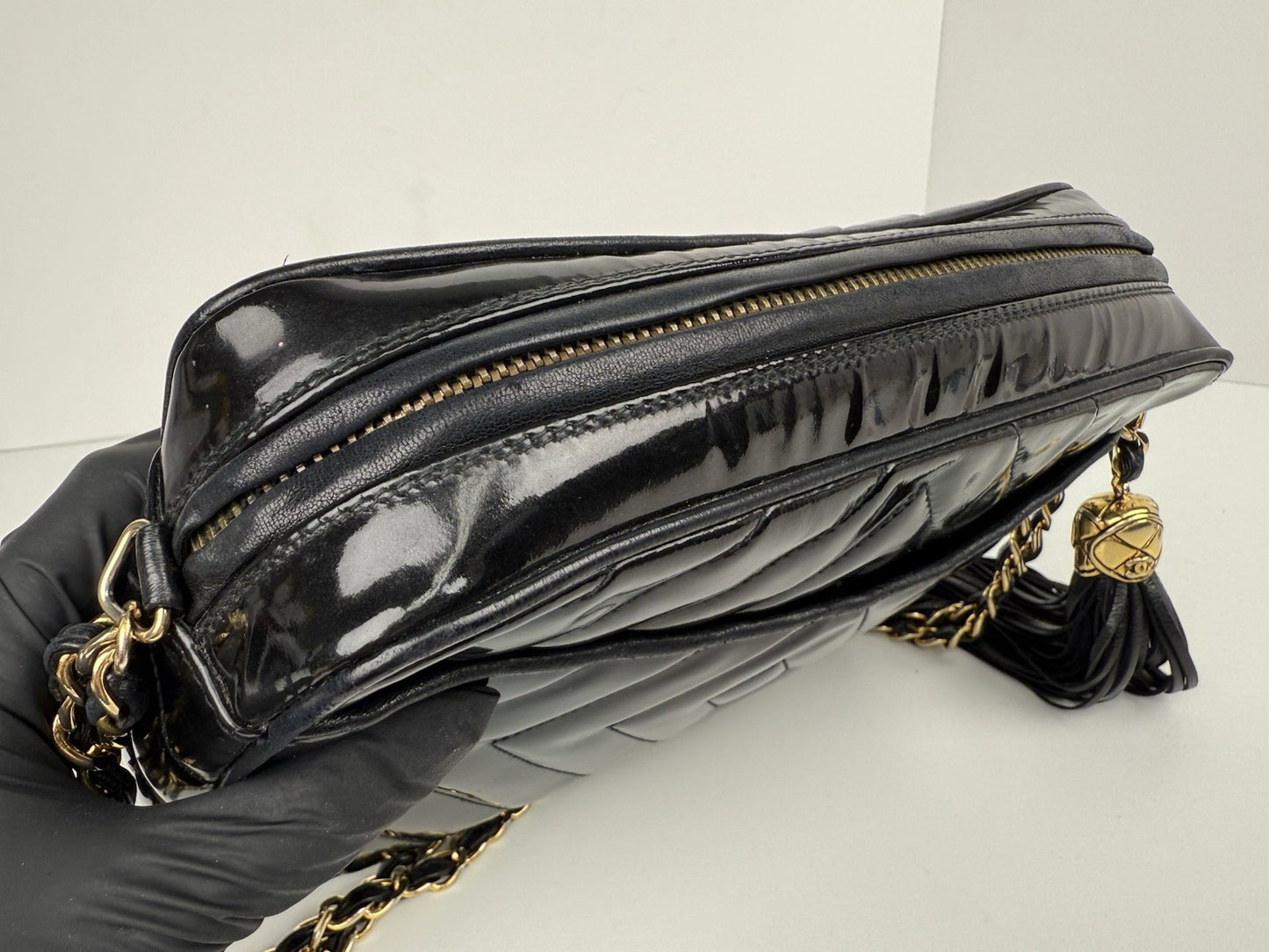 Chanel Vintage Camera Tassel Bag Quilted Patent Leather Medium
