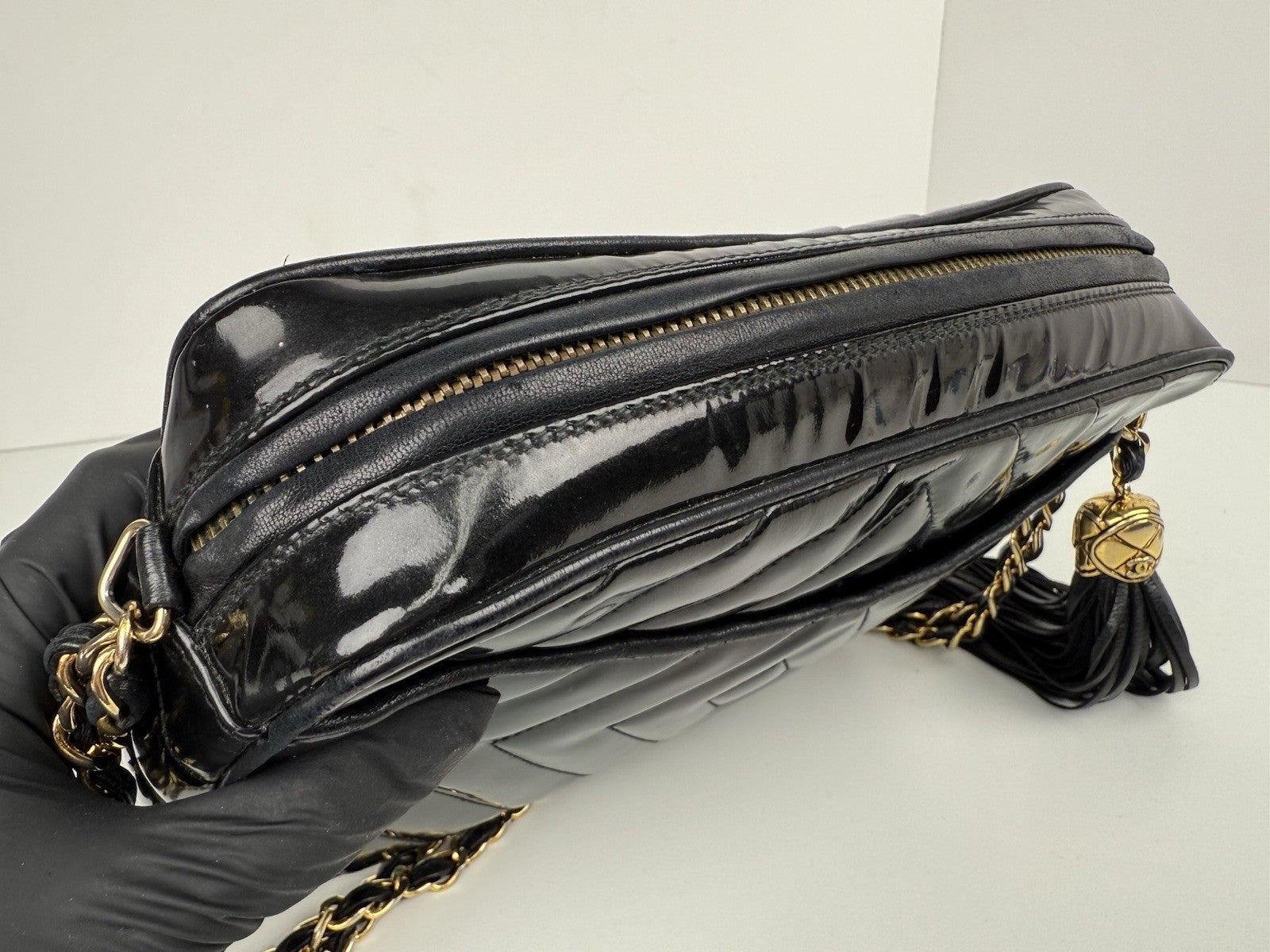 Chanel Vintage Camera Tassel Bag Quilted Patent Leather Medium