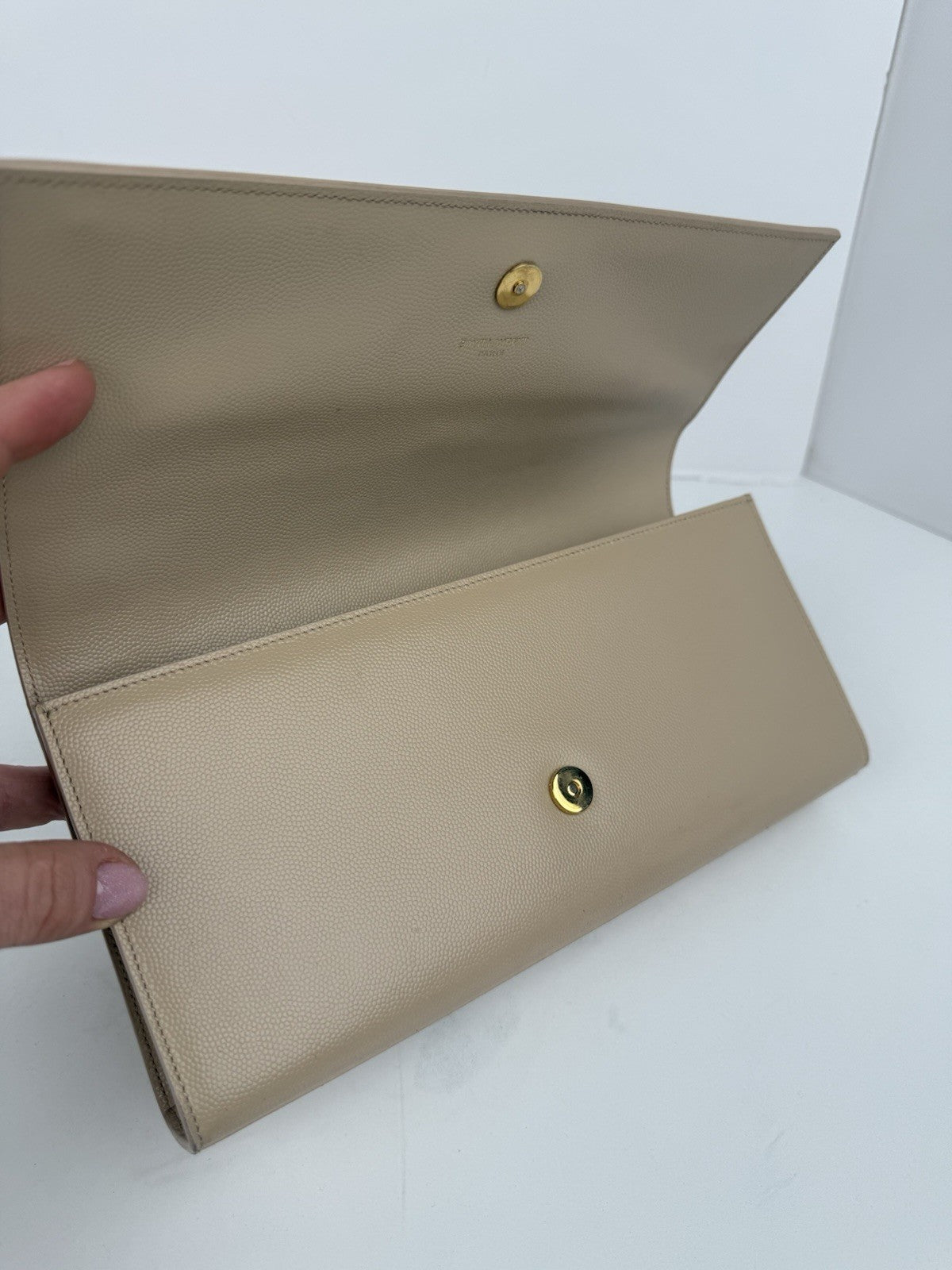 SAINT LAURENT Grain De Poudre Classic Monogram Cassandre Clutch Nude Powder